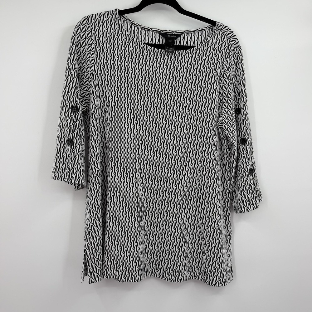 Ali Miles Tunic Womens Large Black Round Neck 3/4 Sleeve Rayon Textured Relaxed